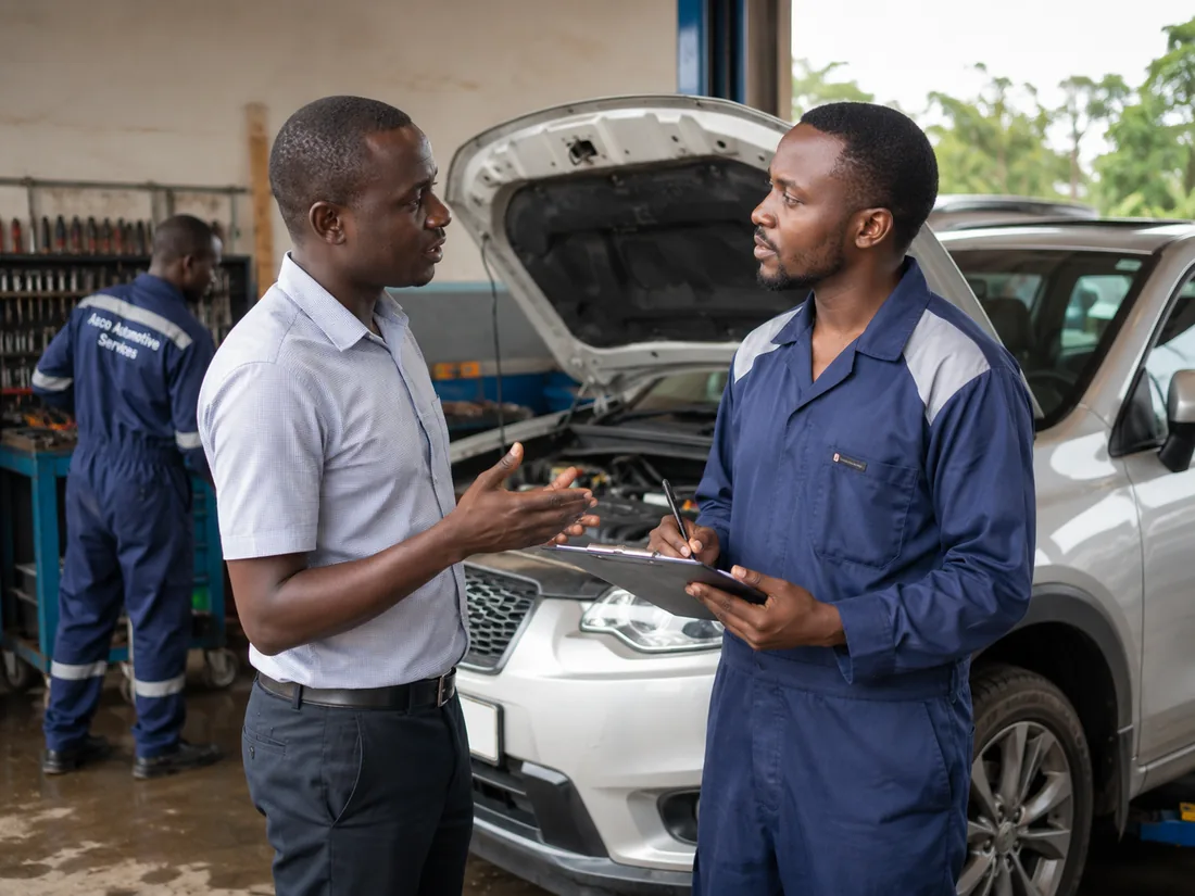 Asco technician listening to a customer beside an open vehicle bonnet