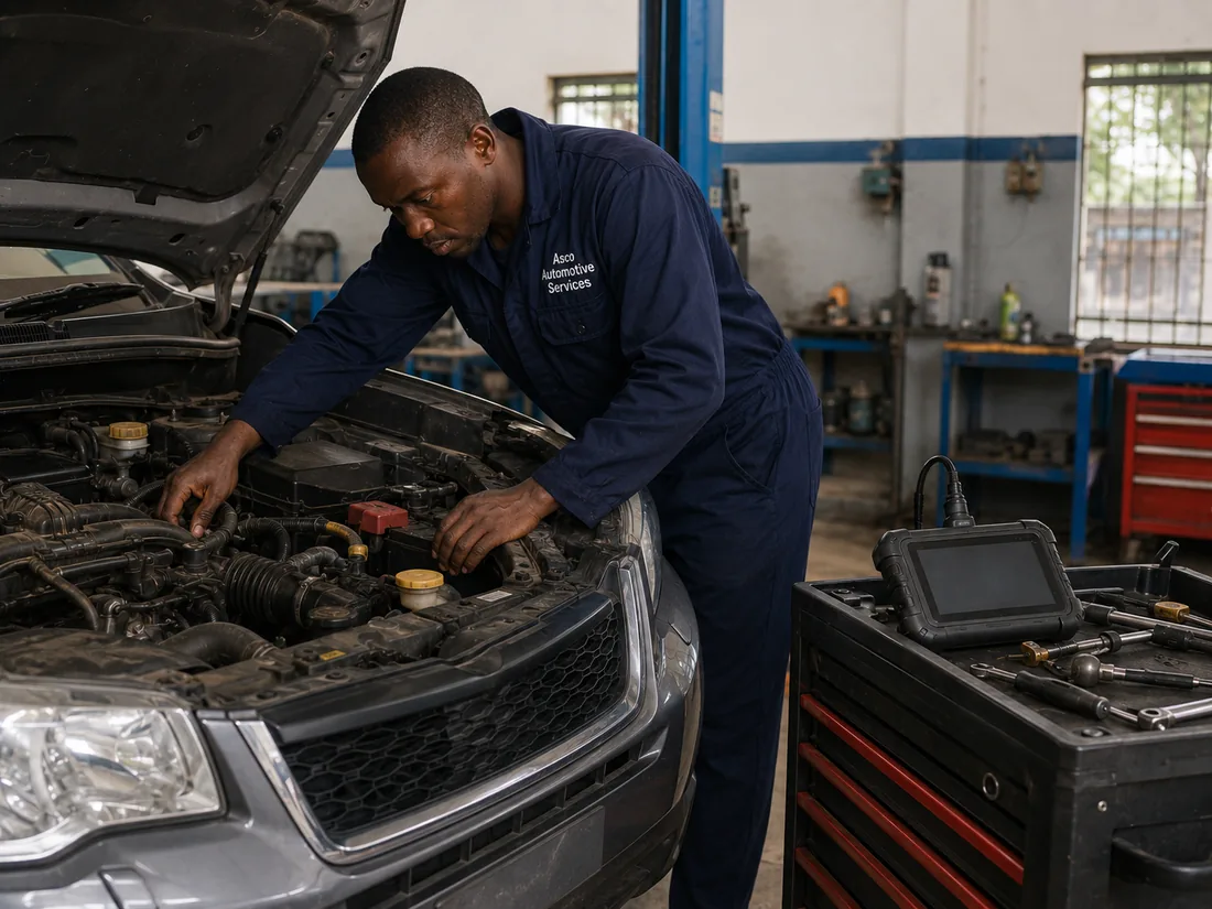 Asco technician inspecting an engine before recommending repair steps